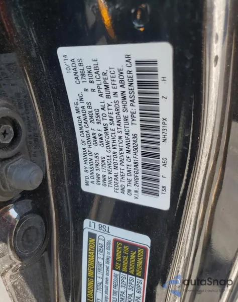 2015 Honda Civic Ex from USA, damaged, VIN 2HGFG3A81FH502436